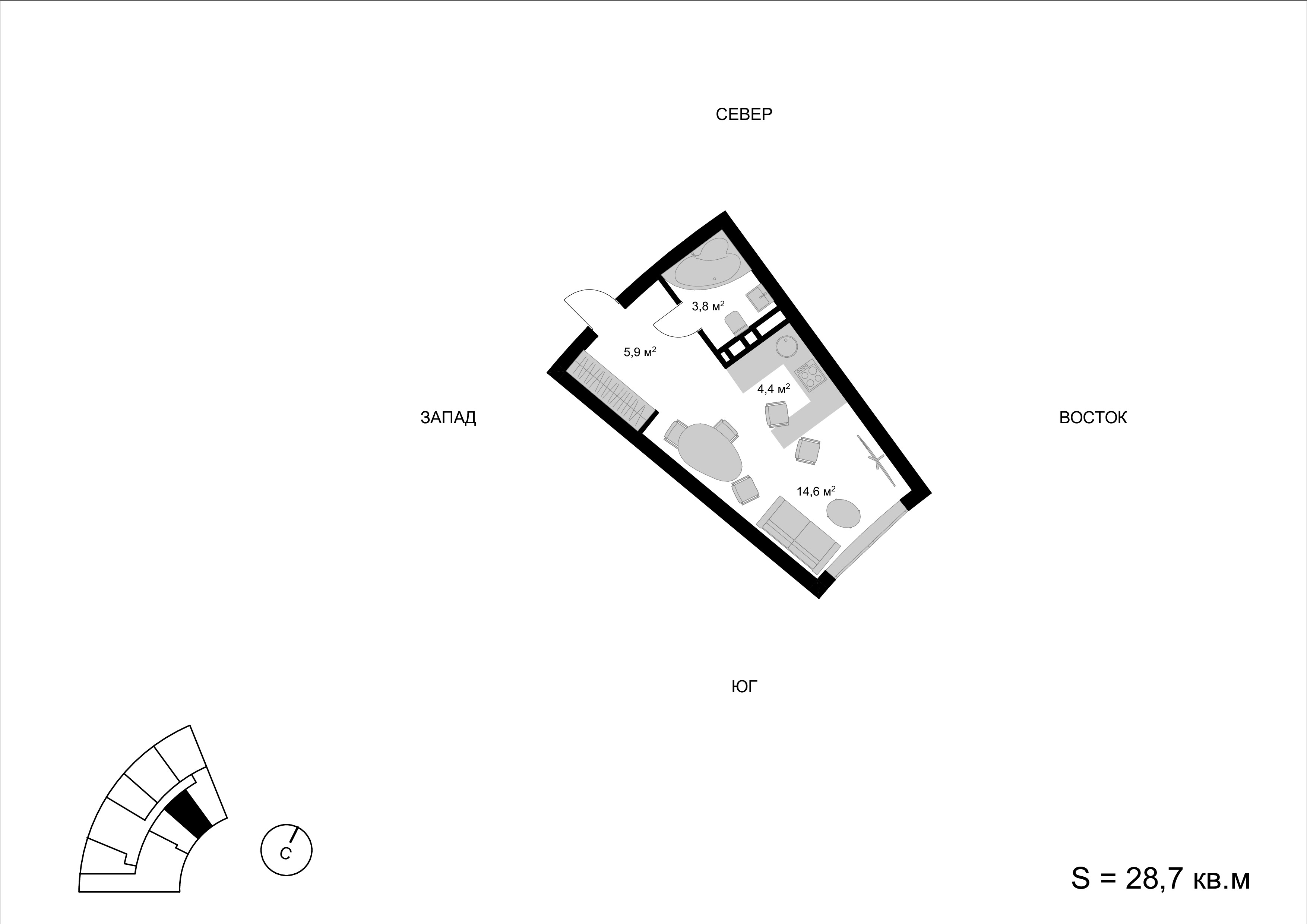 1 комн. квартира, 28.7 м², 7 этаж 