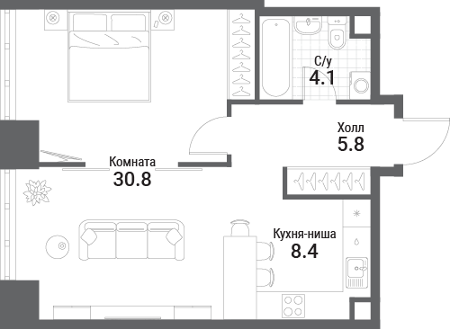 1 комн. квартира, 49.1 м², 7 этаж 
