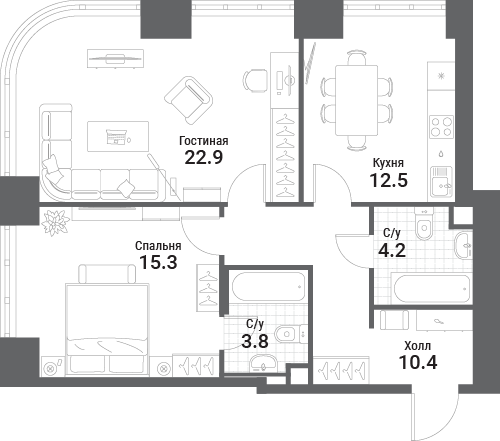 2 комн. квартира, 69.1 м², 7 этаж 