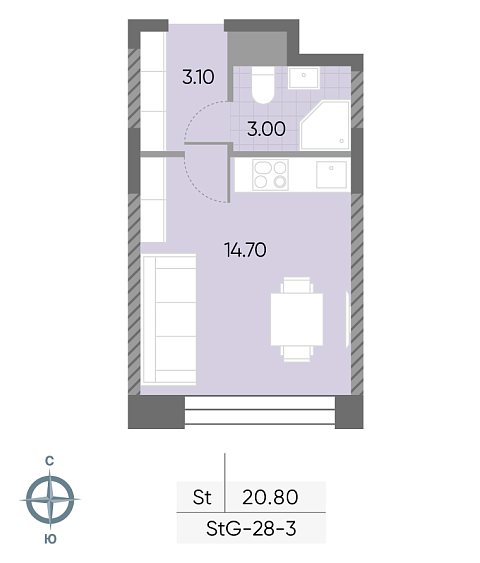 студия, 20.8 м², 3 этаж 