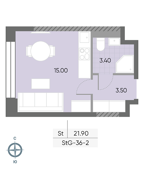 студия, 21.9 м², 2 этаж 