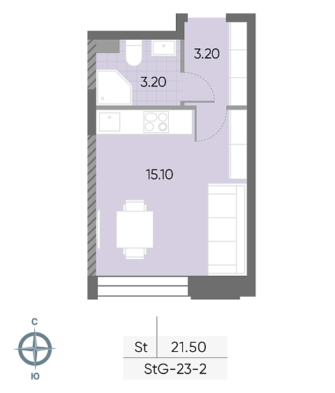 студия, 21.5 м², 2 этаж 