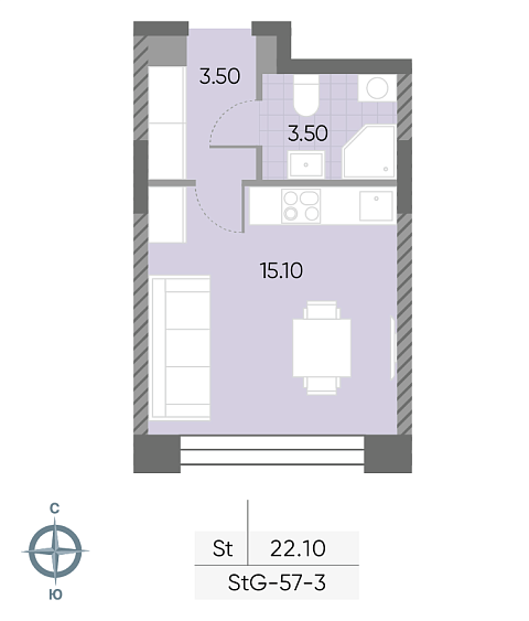 студия, 22.1 м², 3 этаж 