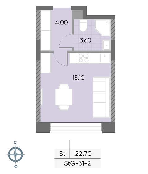 студия, 22.7 м², 2 этаж 