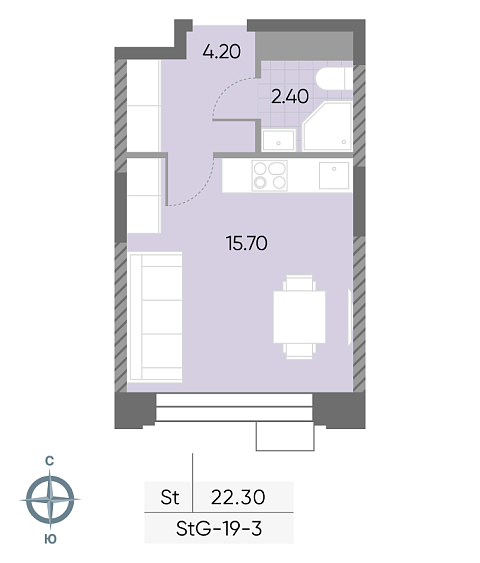 студия, 22.3 м², 3 этаж 