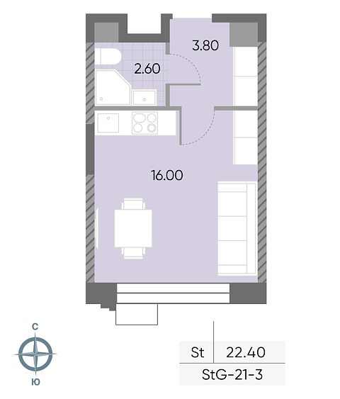 студия, 22.4 м², 3 этаж 