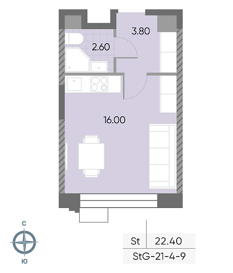 студия, 22.4 м², 6 этаж 