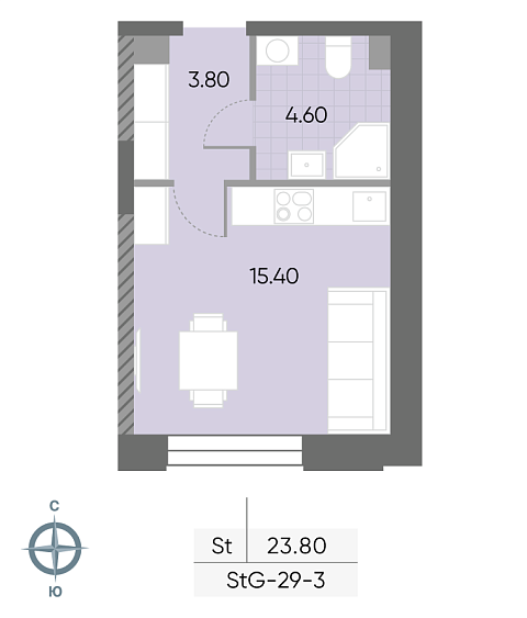 студия, 23.8 м², 3 этаж 