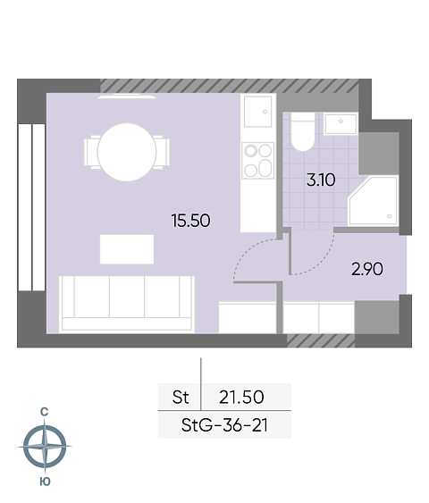 студия, 21.5 м², 21 этаж 