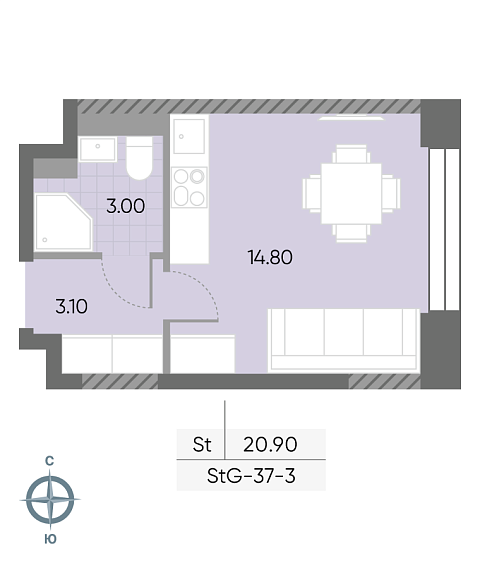 студия, 20.9 м², 3 этаж 
