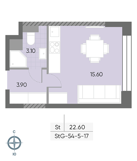студия, 22.6 м², 17 этаж 