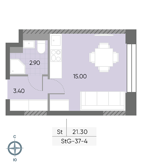 студия, 21.3 м², 4 этаж 