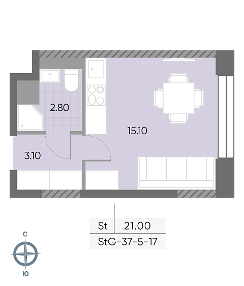 студия, 21 м², 15 этаж 