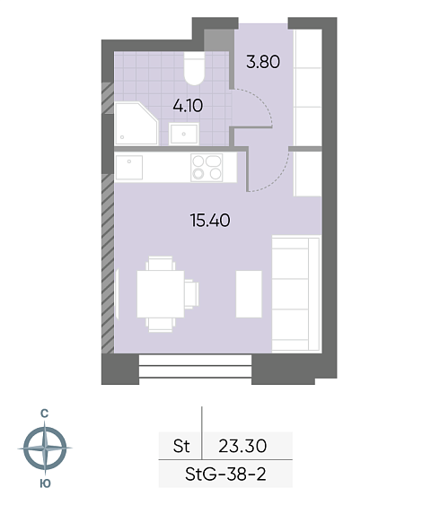 студия, 23.3 м², 2 этаж 