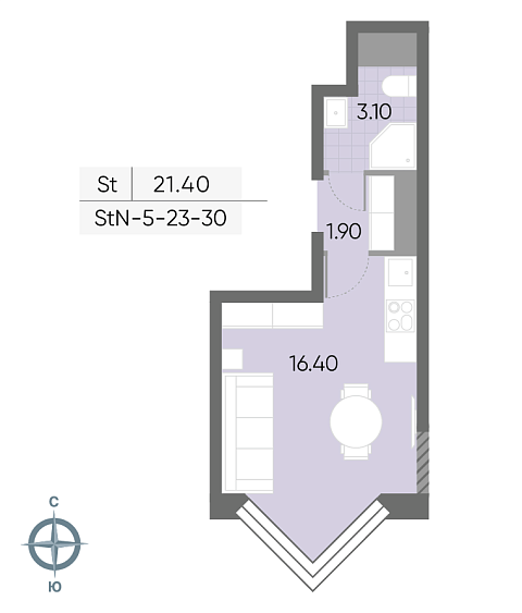 студия, 21.4 м², 26 этаж 