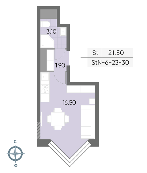 студия, 21.5 м², 25 этаж 