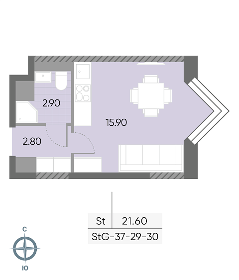 студия, 21.6 м², 30 этаж 