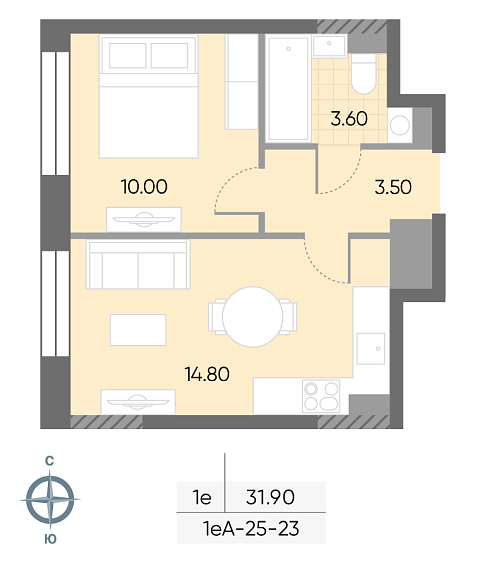 студия, 31.9 м², 23 этаж 