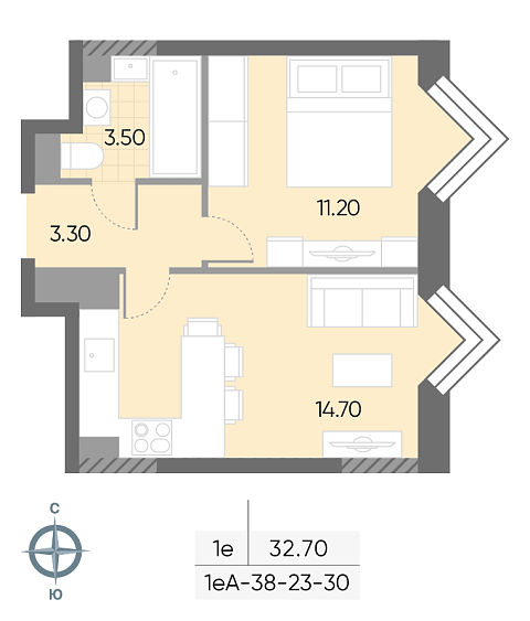 студия, 32.7 м², 25 этаж 