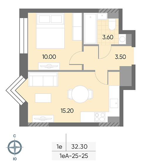 студия, 32.3 м², 25 этаж 