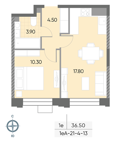 студия, 36.5 м², 5 этаж 