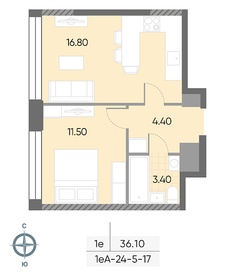 студия, 36.1 м², 13 этаж 