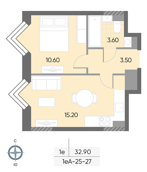 студия, 32.9 м², 27 этаж 