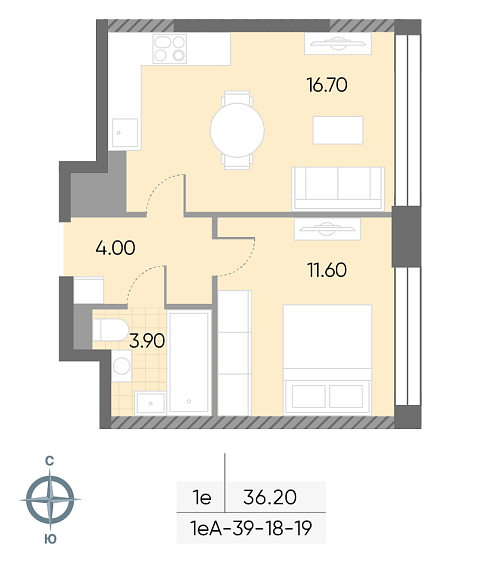 студия, 36.2 м², 19 этаж 