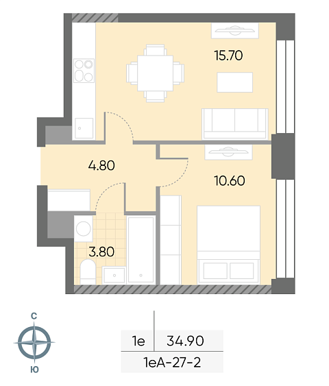 студия, 34.9 м², 2 этаж 