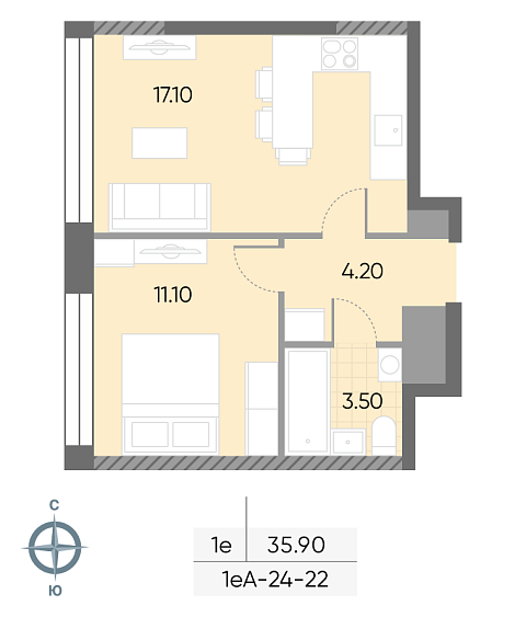 студия, 35.9 м², 22 этаж 