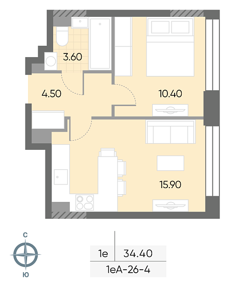 студия, 34.4 м², 4 этаж 