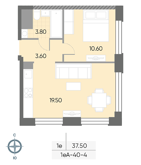 студия, 37.5 м², 4 этаж 