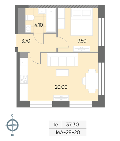 студия, 37.3 м², 20 этаж 