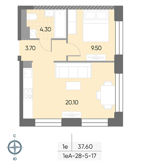 студия, 37.6 м², 17 этаж 