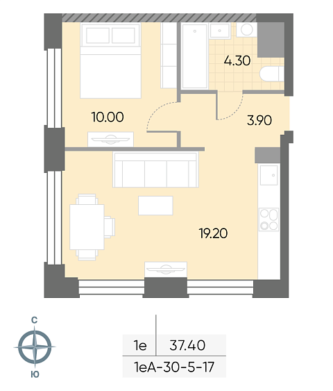 студия, 37.4 м², 13 этаж 