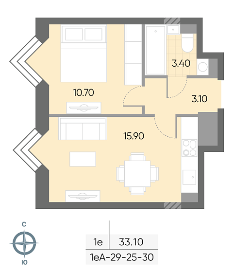 студия, 33.1 м², 30 этаж 