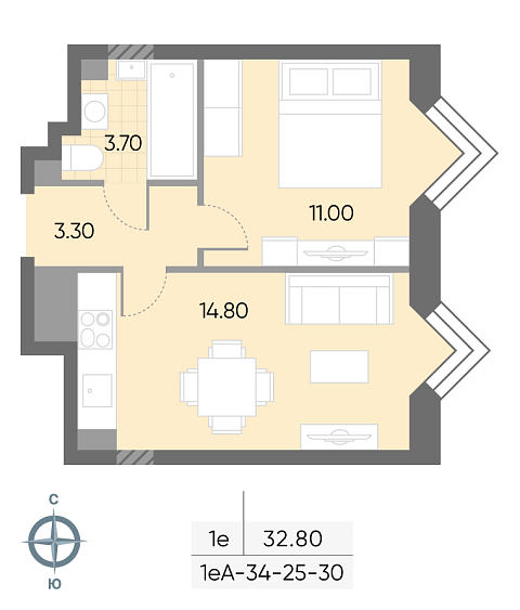 студия, 32.8 м², 30 этаж 