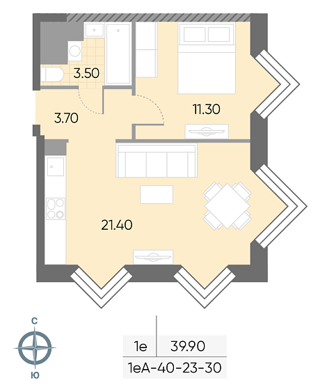 студия, 39.9 м², 28 этаж 