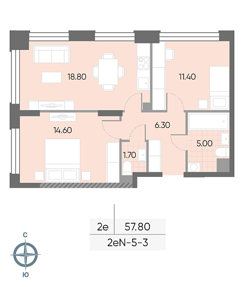 1 комн. квартира, 57.8 м², 3 этаж 