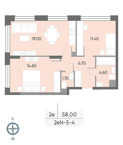 1 комн. квартира, 58 м², 4 этаж 