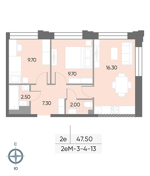 1 комн. квартира, 47.5 м², 6 этаж 