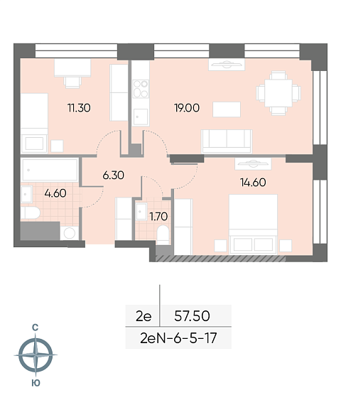 1 комн. квартира, 57.5 м², 6 этаж 