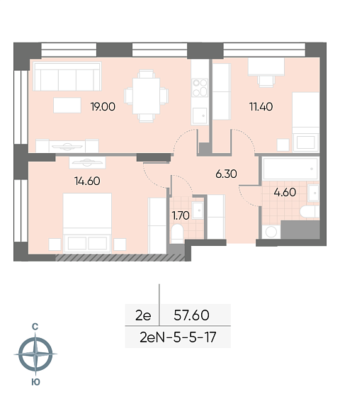 1 комн. квартира, 57.6 м², 5 этаж 