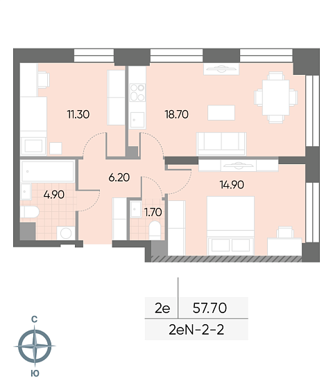 1 комн. квартира, 57.7 м², 2 этаж 