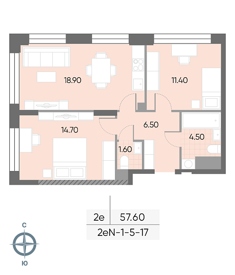 1 комн. квартира, 57.6 м², 11 этаж 