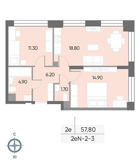 1 комн. квартира, 57.8 м², 3 этаж 