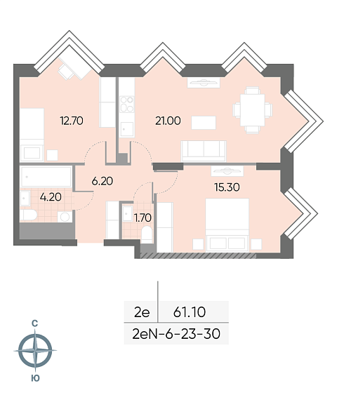 1 комн. квартира, 61.1 м², 23 этаж 