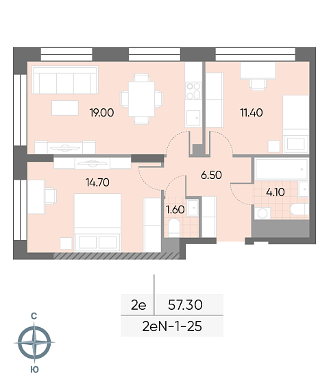 1 комн. квартира, 57.3 м², 25 этаж 