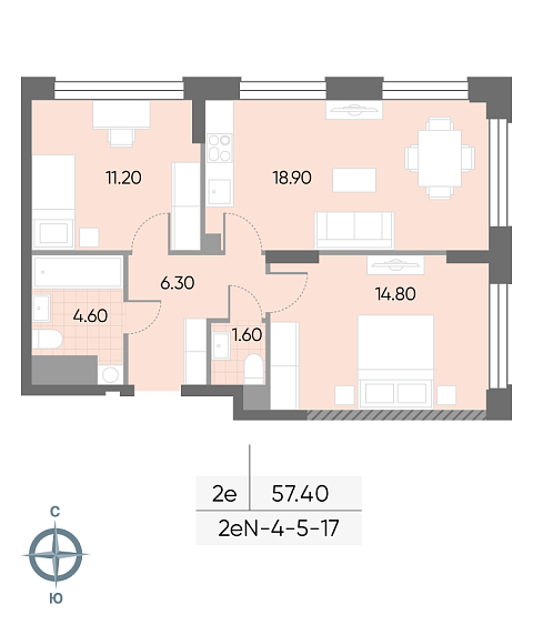 1 комн. квартира, 57.4 м², 6 этаж 
