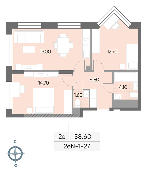 1 комн. квартира, 58.6 м², 27 этаж 